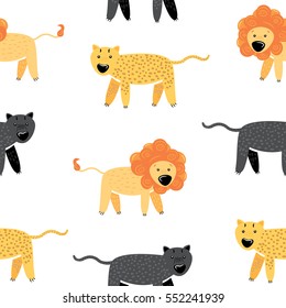 Wild cats lion leopard and panther childish style vector illustration pattern