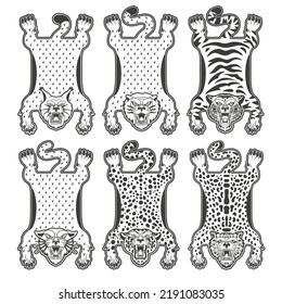 Wild Cats Rug. Faux Animal Floor Rug with Leopard, Tiger, Lynx, Snow Leopard, Lion, Panther Print.Vector Illustration.