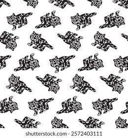 Wild cats seamless pattern. Childish leopards for repeat print. Hand drawn black and white African wild animals for baby designs. Cute wallpapers, backgrounds, backdrops. Cute ornament for knitwear.