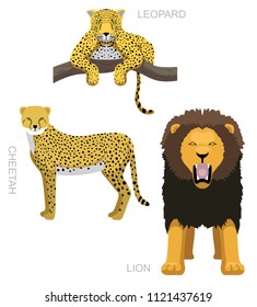 Wild Cats Set Leopard Lion Cheetah Cartoon Vector Illustration