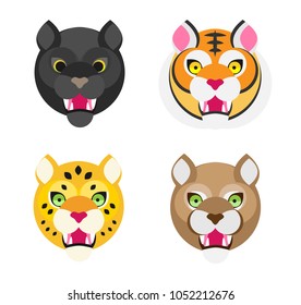 Wild cats set. Vectors. Panther, Leopard, tiger and mountain lion.