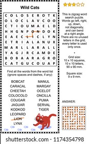 Wild cats themed zigzag word search puzzle (suitable both for kids and adults). Answer included.