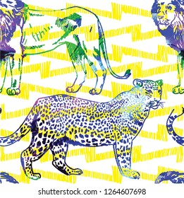 Wild cats. Tigers and leopards. Freehand drawing with pencil. Background for text. Summer background. Seamless pattern 