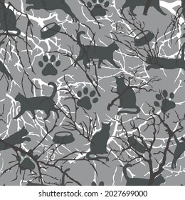 
Wild cats with tree branches on a gray background. Print for clothes. Vector.