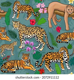 wild cats and tropical flowers seamless pattern