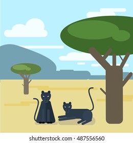 Wild cats. Two Panthers settled down a tree. Vector illustration of a flat