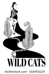 Wild cats. Vector  hand drawn  illustration of girl with cheetah  isolated. Creative tattoo artwork. Template for card, poster, banner, print for t-shirt, label,  patch.