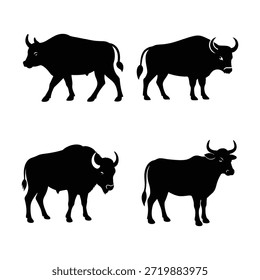 Conjunto de siluetas de ganado silvestre y bisonte - Búfalo, yak y toro Iconos vectoriales en vista de Perfil