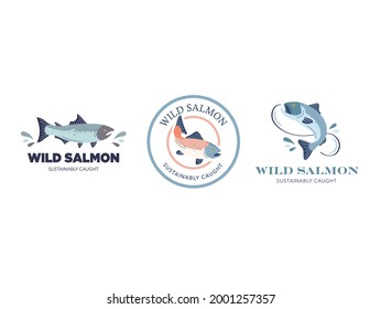 Wild Caught Salmon Fish Vector Logo Group. Sustainably Caught Fish Icon. Fish Art Vector. 