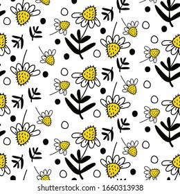 Wild chamomile daisy with leaves and dots. Floral doodle seamless pattern on white background. For paper, gift wrap, wall art, cover, fabric, interior decor. Simple surface pattern design. Vector.