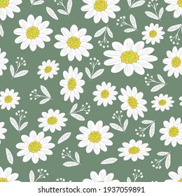 Wild chamomile flowers. Seamless summer pattern with large flowers on a green background. For printing on fabrics, textiles, paper, interior design. Vector graphics.