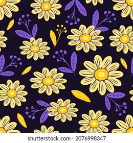 Wild chamomile flowers. Seamless summer pattern with cute yellow flowers on a dark purple background. For textile and paper. Vector.