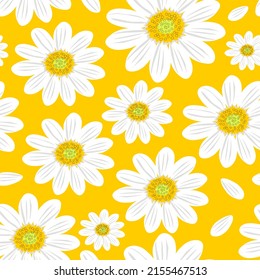 Wild chamomile flowers. Seamless summer pattern with large white flowers on a yellow background. For printing on fabric, textile, paper. Vector.