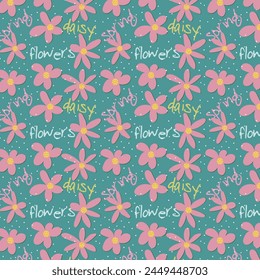 Wild chamomile flowers. Seamless summer pattern with large abstract flowers, lettering and dots on a green background. For printing on fabrics, textiles, pillows, paper, interior design.