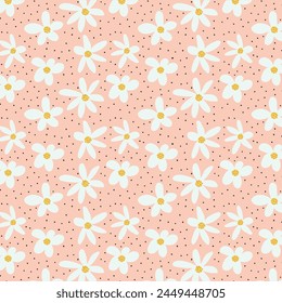 Wild chamomile flowers. Seamless summer pattern with large abstract flowers and dots on a pink background. For printing on fabrics, textiles, pillows, paper, interior design.