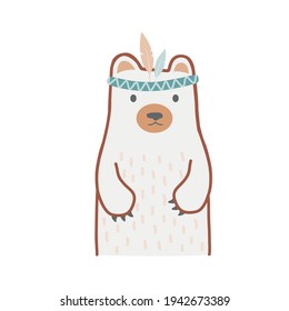 Wild child - Cute hand drawn nursery poster with cartoon bear in tribal headband. Vector illustration in scandinavian style.