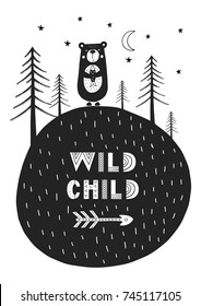 Wild child - Cute hand drawn nursery poster with cartoon animal and lettering in scandinavian style. Monochrome vector illustration.