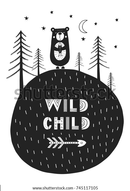 野生の子ども 北欧風の漫画動物と文字を使ったかわいい手描きの保育ポスター 白黒のベクターイラスト のベクター画像素材 ロイヤリティフリー