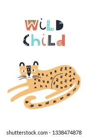 Wild child - Cute kids hand drawn nursery poster with jaguar animal and lettering. Color vector illustration in scandinavian style.