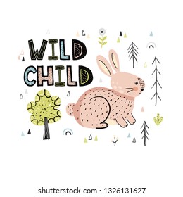 Wild Child hand drawn lettering quote with a cute rabbit. Vector illustration in scandinavian style