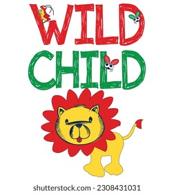 Wild child lion cartoon graphic illustration T-Shirt Print graphic vector artwork