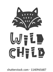 Wild child. Scandinavian tribal poster with hand drawn letters for nursery poster, wall art, tee shirt, kids apparel print, postcard, baby shower invitation. Black and white. Vector Illustration