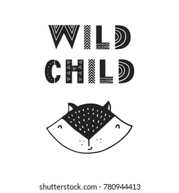 Wild child - unique hand drawn nursery poster with handdrawn lettering in scandinavian style. Vector illustration.