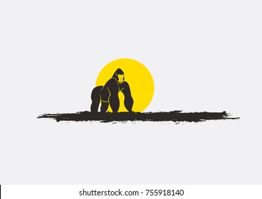 Wild Chimpanzee Silhouette in Sunset Vector