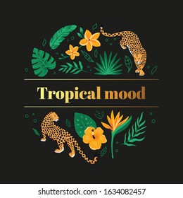 The wild concept with tropical leaves and leopards. Illustration with exotic jungle plants and animals. Vector illustration on the black background.