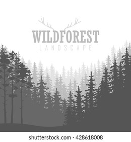 Wild coniferous forest background. Pine tree, landscape nature, wood natural panorama. Outdoor camping design template. Vector illustration