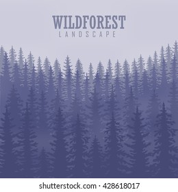 Wild coniferous forest background. Pine tree, landscape nature, wood natural panorama. Outdoor camping design template. Vector illustration