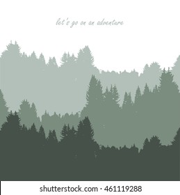Wild coniferous forest background. Pine tree, landscape nature, wood natural panorama. Outdoor camping design template. Vector illustration
