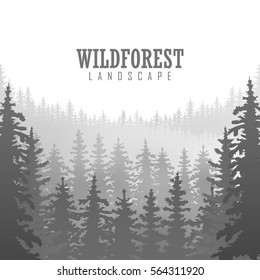 Wild coniferous forest background. Pine tree, landscape nature, wood natural panorama. Outdoor camping design template. Vector illustration