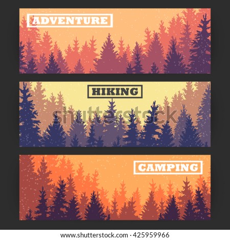 Wild coniferous forest banners in sunset colors; pine tree, landscape nature, wood natural panorama; outdoor adventure camping, hiking, tourism, design template; vector illustration