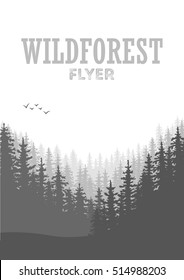 Wild coniferous forest flyer background. Pine tree, landscape nature, wood natural panorama. Outdoor camping design template. Vector illustration