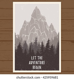 Wild coniferous forest poster with mountain; pine tree, landscape nature, wood natural panorama; outdoor adventure camping, hiking, tourism, design template; hand drawn vector illustration