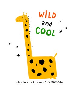 wild and cool. hand drawing lettering with cartoon giraffe, decor elements. Flat vector illustration for kids. baby design for cards, prints, posters