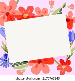 Wild coral pink flowers, leaves and cornflower invitation card