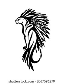 wild cougar cat decorated with bird feathers - tribal style black and white vector animal outline design