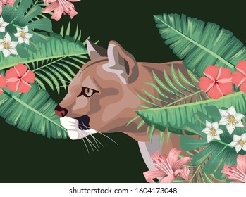 wild cougar with tropical foliage vector illustration design