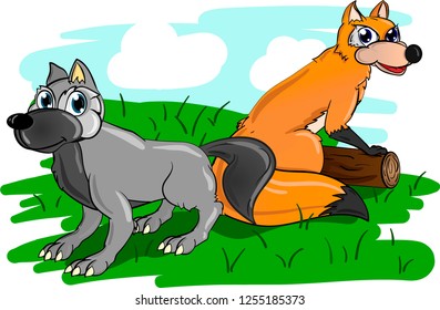 Wild couple of wolf and fox in forest with green grass under blue cloudy sky. Cartoon vector illustration.