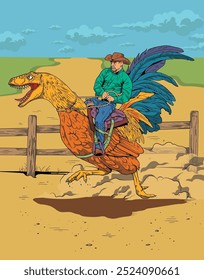 Un vaquero salvaje monta un lindo híbrido de dinosaurio. Personajes de fantasía de dibujos animados. ilustración única y exclusiva, híbrido entre gallo y tiranosaurio