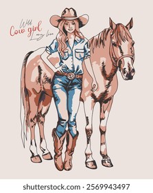 WILD Cowgirl with horse, Western Desert Scene, Western Cowgirl, Hand Drawn Western Sketch, Western Sublimation or printed t- Shirt Design