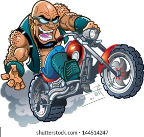 Wild Crazy Bald Smiling Biker Dude With Sunglasses On Motorcycle
