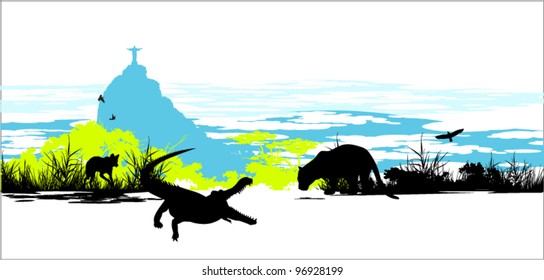 Wild crocodile, hyena and panther on the white sky background  in Rio