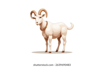 Wild Curly Horned Goat, Ram Sheep, Wild Goat, Wild Sheep, Horned Ram Illustration with a shadow on a white background