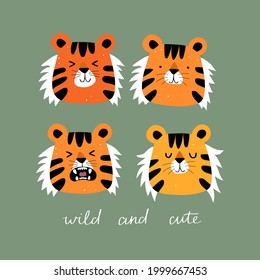 wild and cute. cartoon tiger, hand drawing lettering. flat style, colorful vector for kids. baby design for cards, poster decoration, print