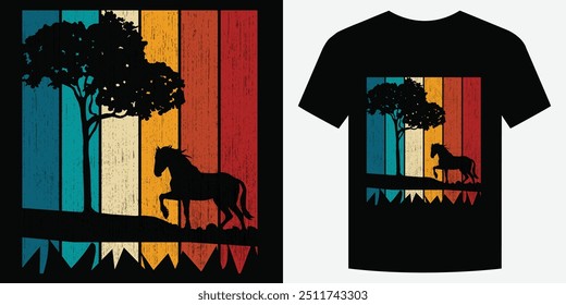 Wild cute Horse standing under the tree in the pasture forwarding to  grass Retro Vintage T Shirt Design Background 