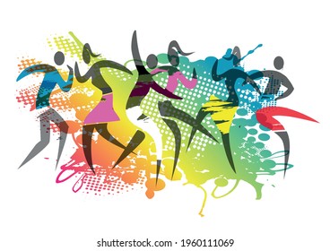 Wild dance party, beach party.
Expressive, stylized illustration of dancing people on grunge colorful background. Vector available.