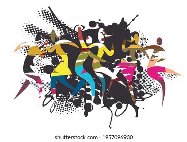 
Wild dance party.stylized Illustration of dancing people on abstract black background. Vector available.